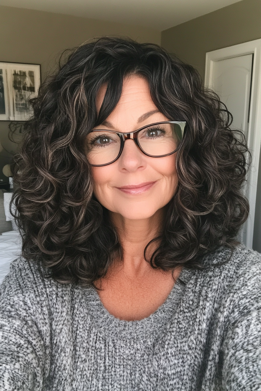 12. Curly Shoulder-Length Cut in Dark Mocha (Hairstyles For Women Over 50 With Glasses) - Hairstyles For Women Over 50 With Glasses