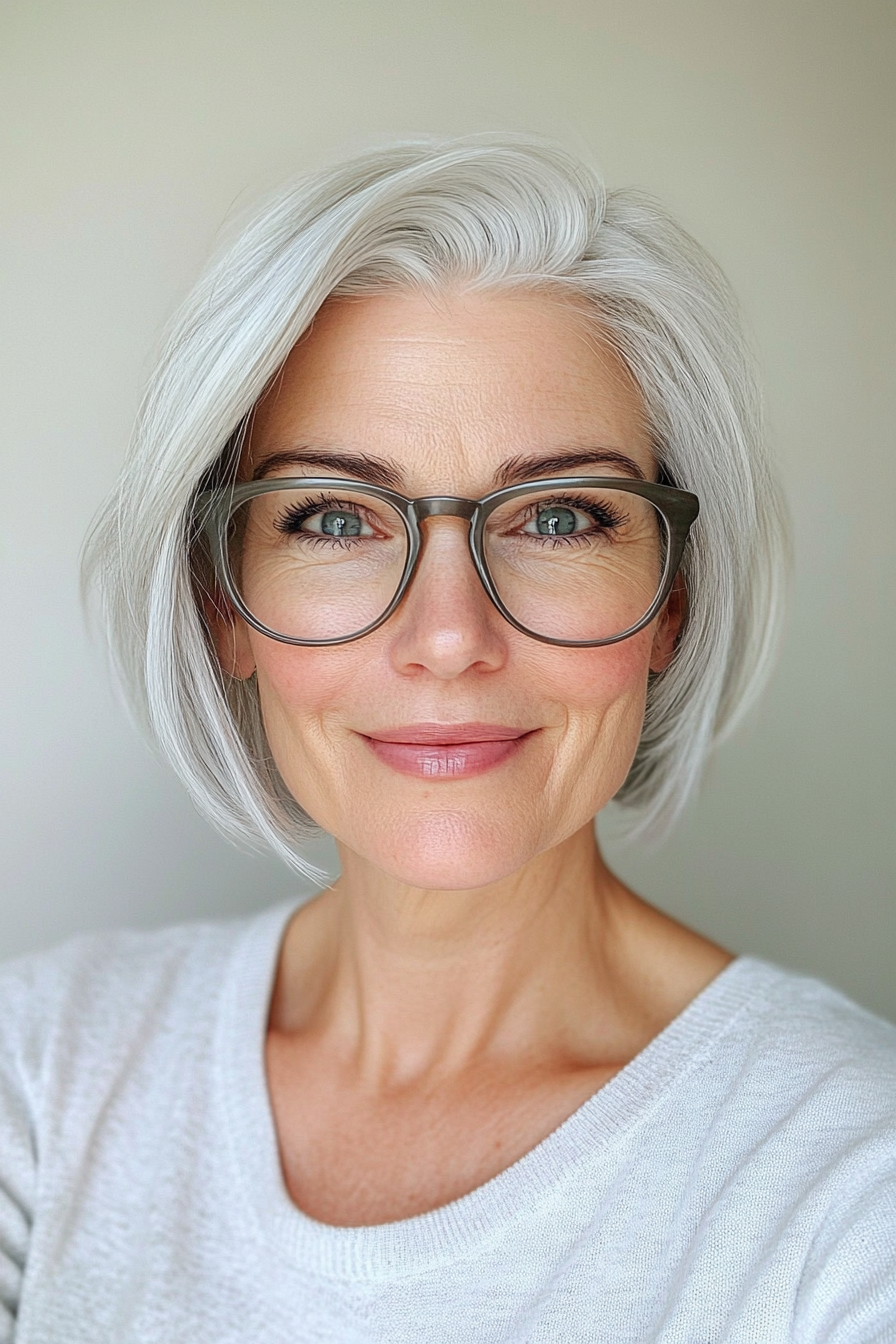 13. Short Layered Crop in Platinum Silver (Hairstyles For Women Over 50 With Glasses) - Hairstyles For Women Over 50 With Glasses