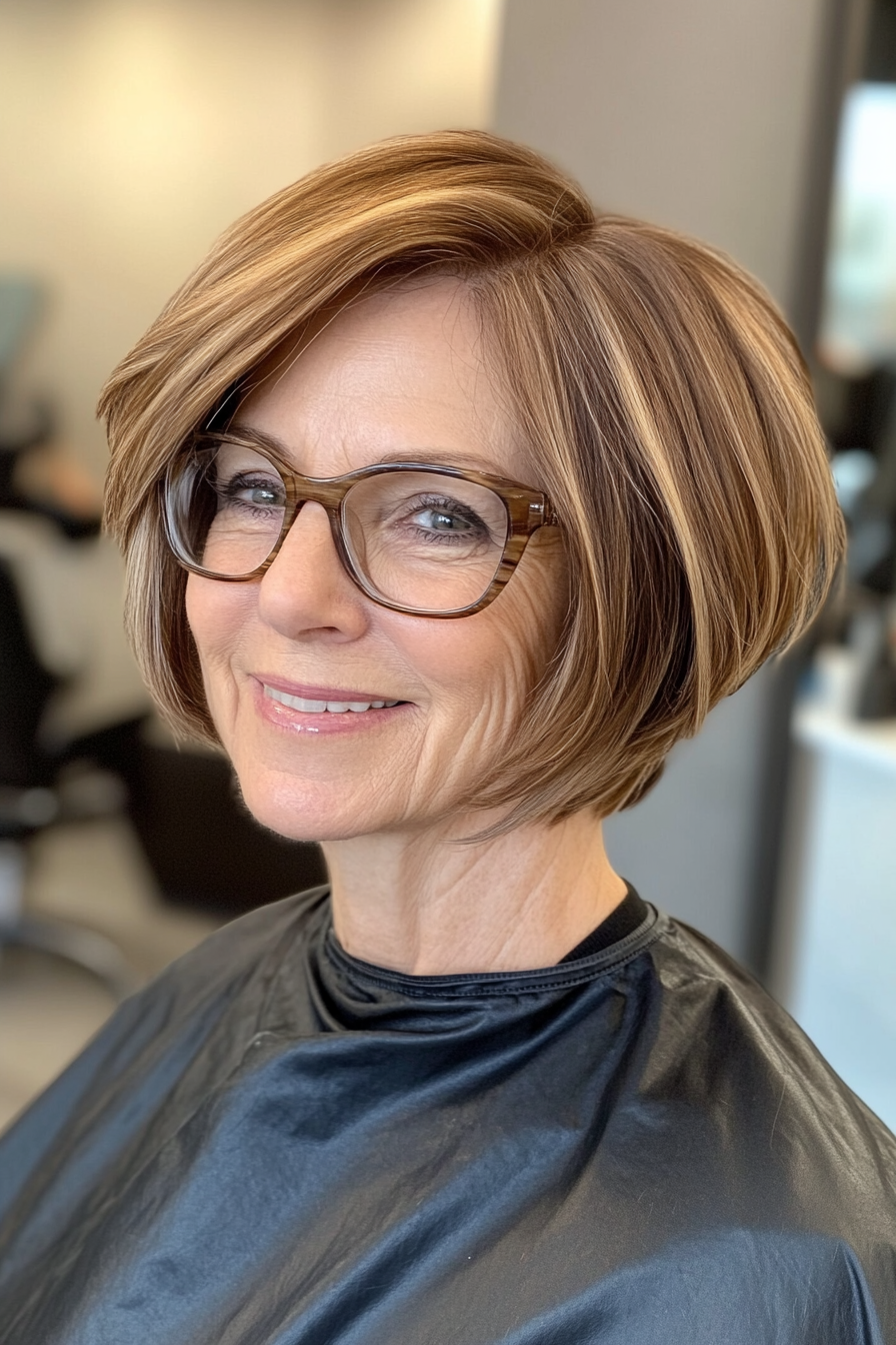 14. Asymmetrical Bob in Warm Honey Brown (Hairstyles For Women Over 50 With Glasses) - Hairstyles For Women Over 50 With Glasses