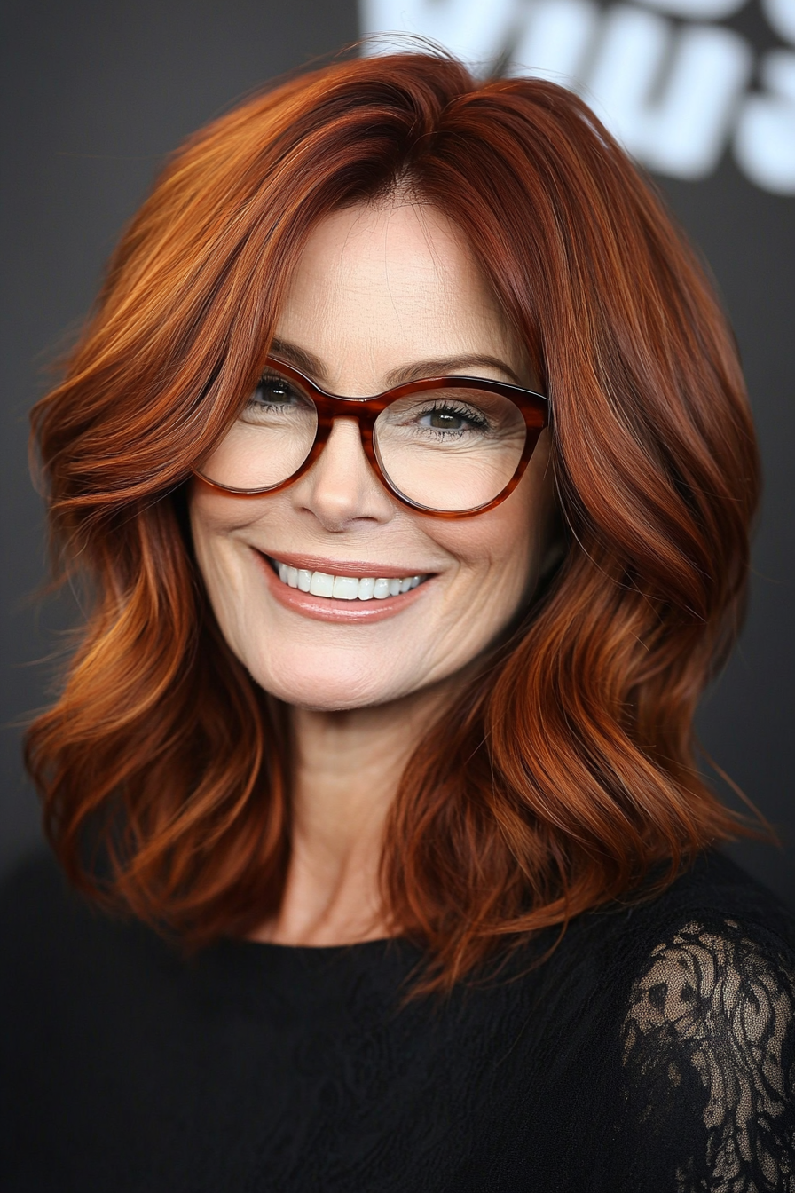 19. Voluminous Lob in Rich Mahogany (Hairstyles For Women Over 50 With Glasses) - Hairstyles For Women Over 50 With Glasses