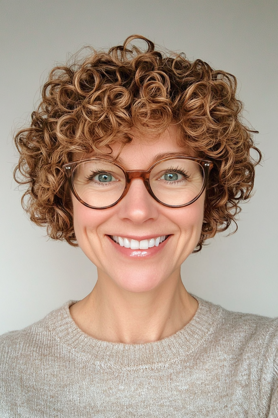20. Curly Pixie in Warm Golden Brown (Hairstyles For Women Over 50 With Glasses) - Hairstyles For Women Over 50 With Glasses