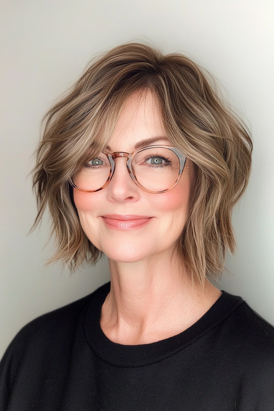 22. Choppy Bob in Smoky Ash Brown (Hairstyles For Women Over 50 With Glasses) - Hairstyles For Women Over 50 With Glasses