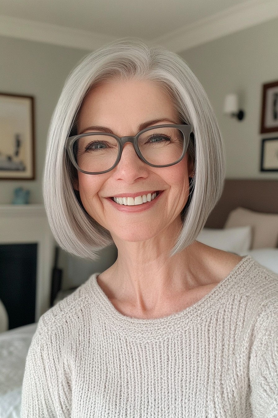24. Classic Chin-Length Bob in Pearl Gray - Hairstyles For Women Over 50 With Glasses