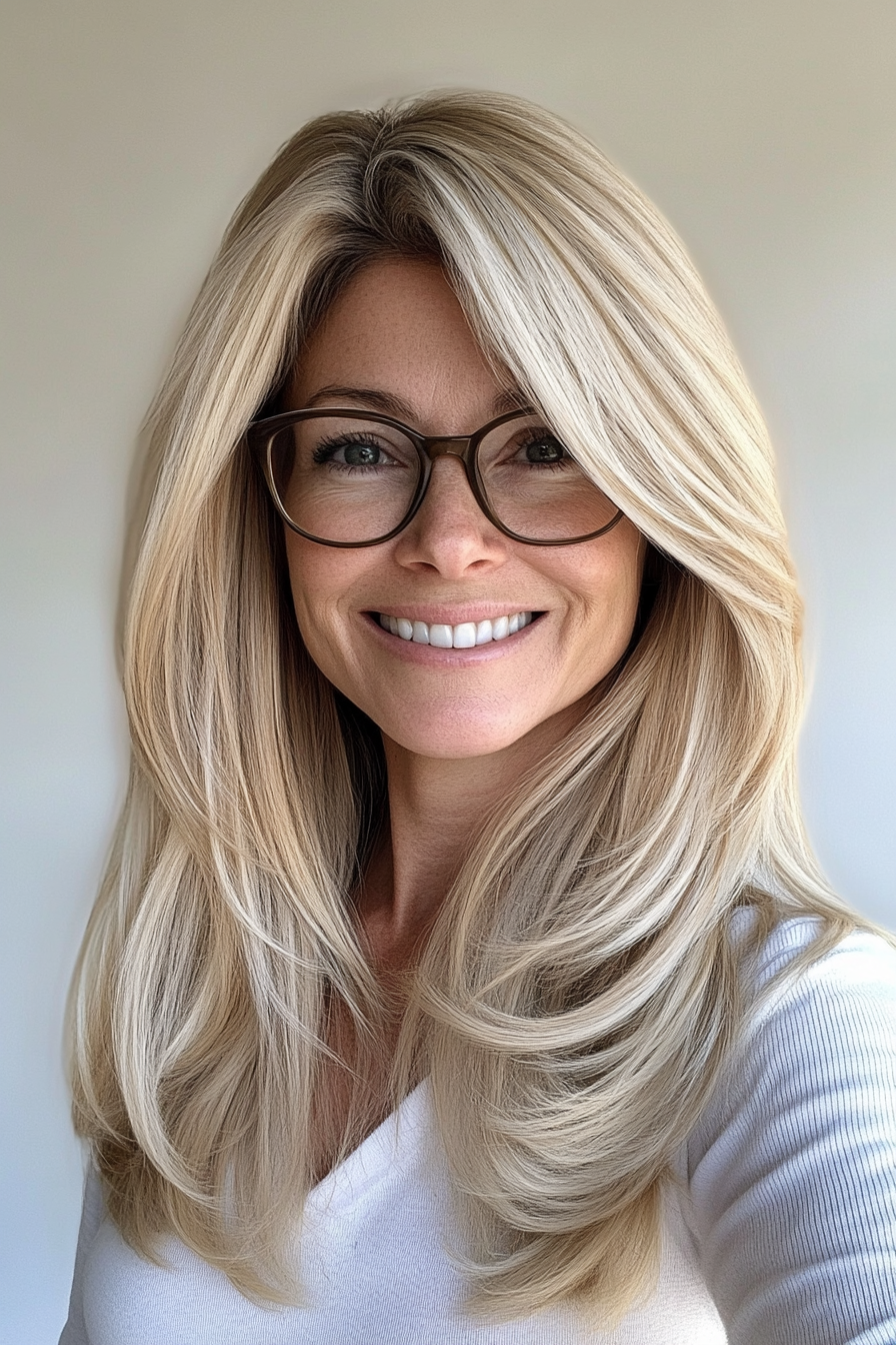 25. Long Layers with Curtain Bangs in Sandy Blonde (Hairstyles For Women Over 50 With Glasses) - Hairstyles For Women Over 50 With Glasses