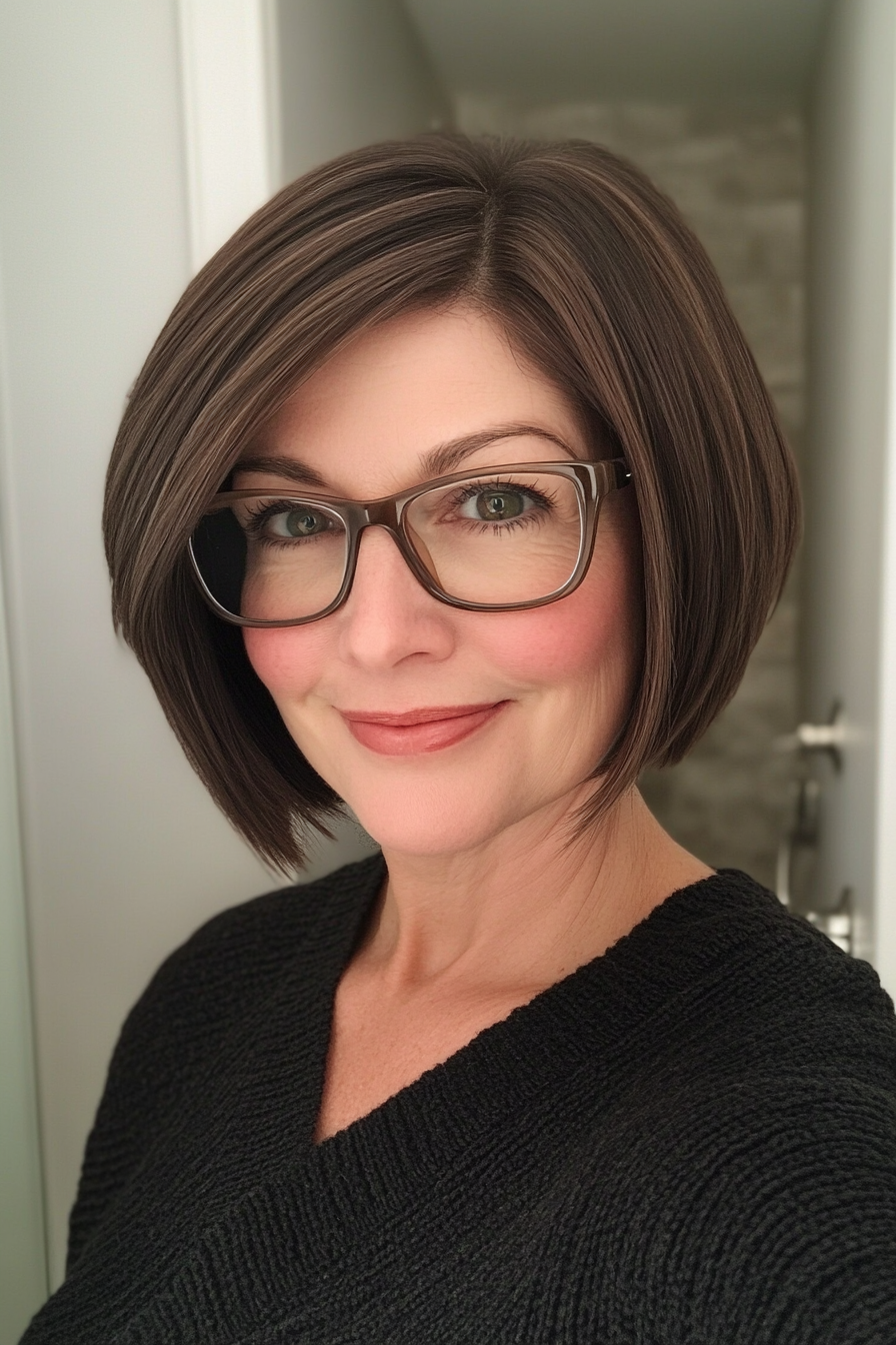 26. Short Stacked Bob in Chocolate Brown (Hairstyles For Women Over 50 With Glasses) - Hairstyles For Women Over 50 With Glasses