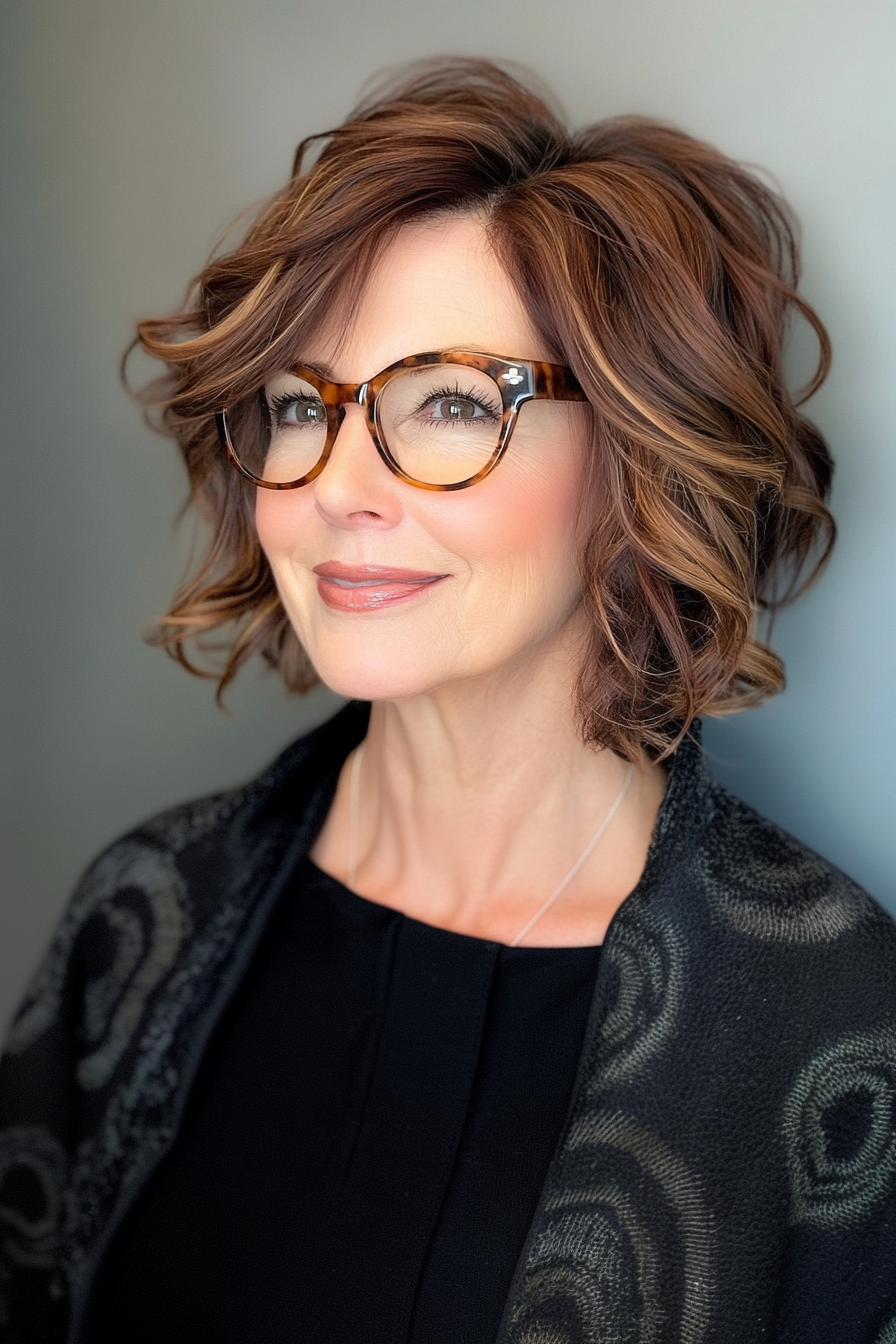 27. Elegant Wavy Bob in Deep Burgundy Brown (Hairstyles For Women Over 50 With Glasses) - Hairstyles For Women Over 50 With Glasses