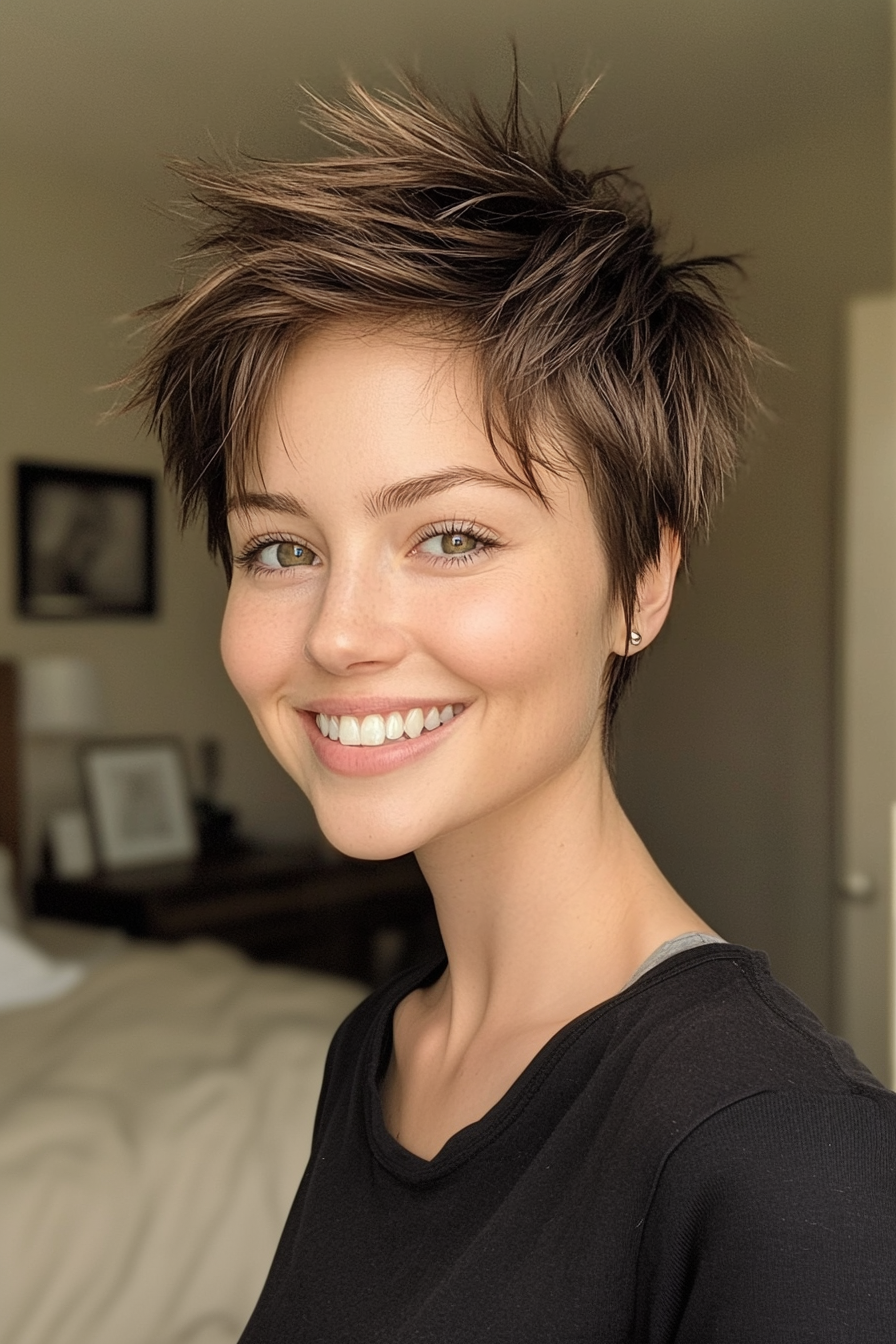 1. Feathered Pixie in Dark Brown (Short Spiky Haircuts For Fine Hair) - Short Spiky Haircuts For Fine Hair