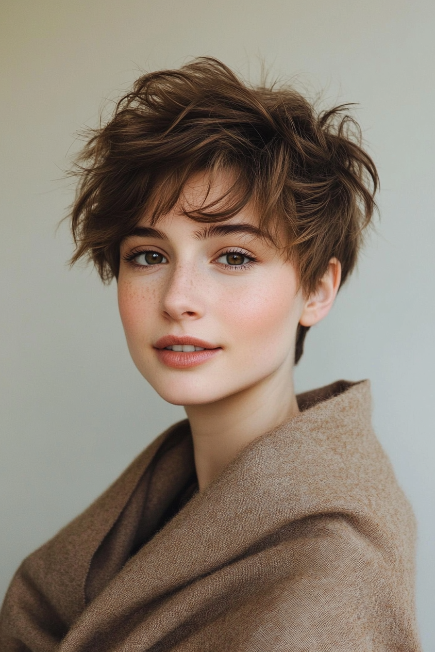 3. Tousled Pixie with Side Fringe in Light Brown (Short Spiky Haircuts For Fine Hair) - Short Spiky Haircuts For Fine Hair