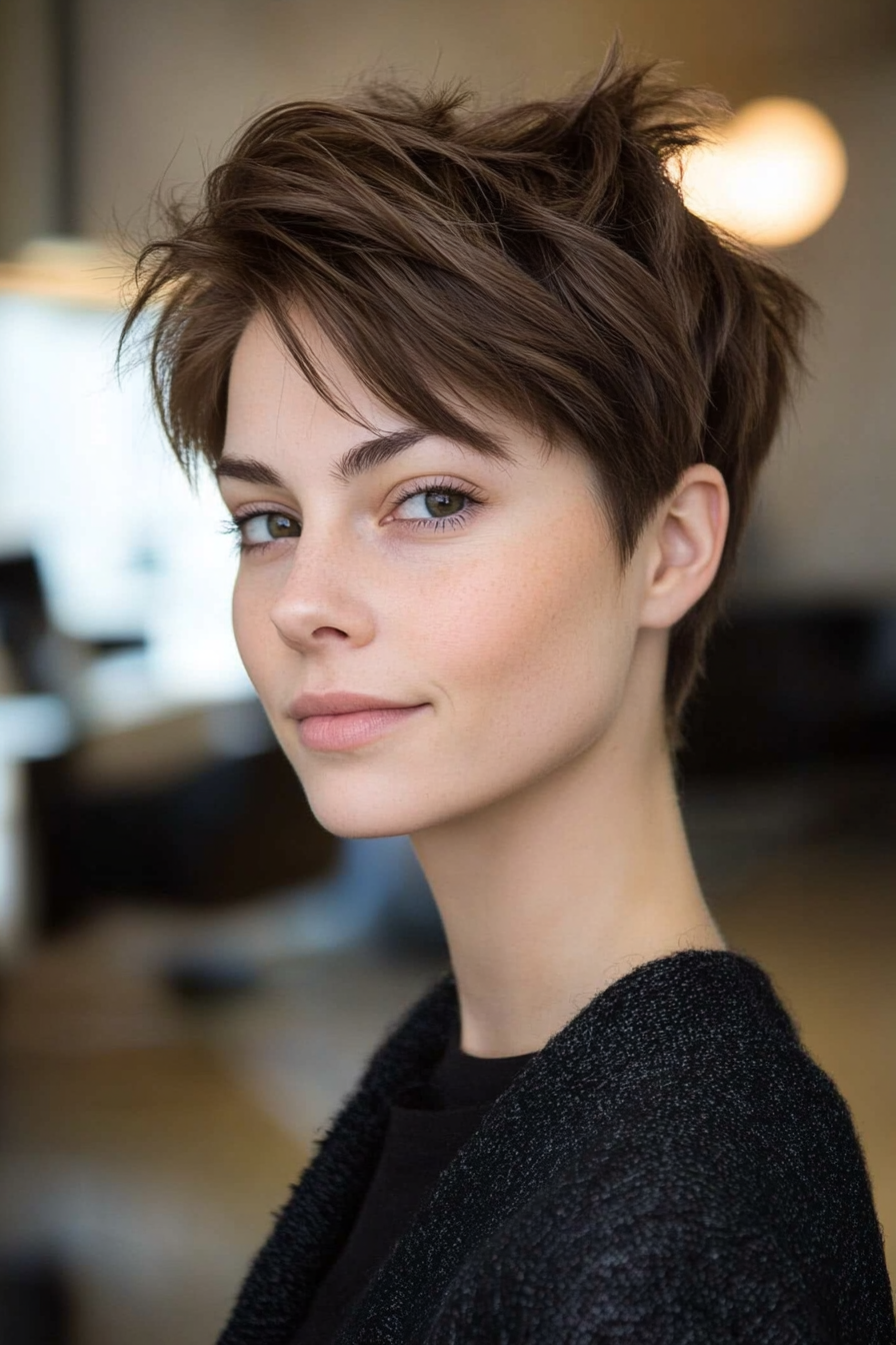 6. Volumized Pixie with Short Layers in Warm Brown (Short Spiky Haircuts For Fine Hair) - Short Spiky Haircuts For Fine Hair