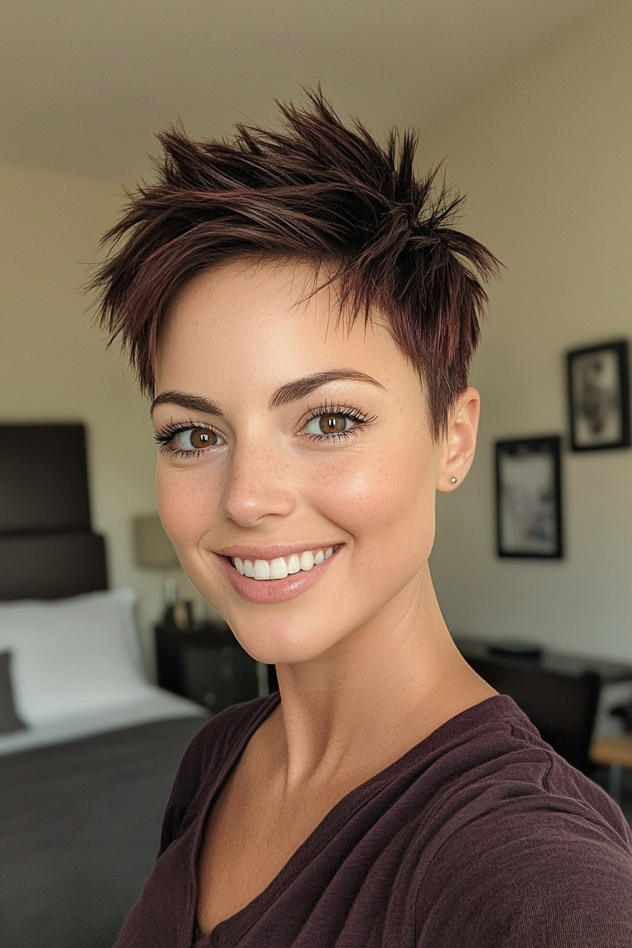 23. Layered Undercut Pixie in Deep Mahogany (Short Spiky Haircuts For Fine Hair) - Short Spiky Haircuts For Fine Hair