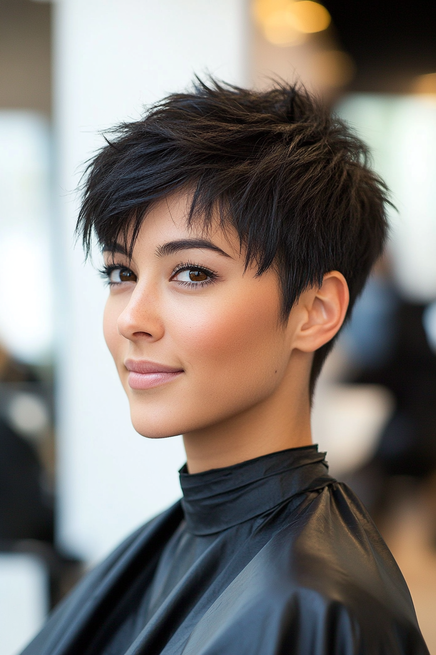 25. Sharp Spiked Pixie with Blunt Bangs in Natural Jet Black (Short Spiky Haircuts For Fine Hair) - Short Spiky Haircuts For Fine Hair