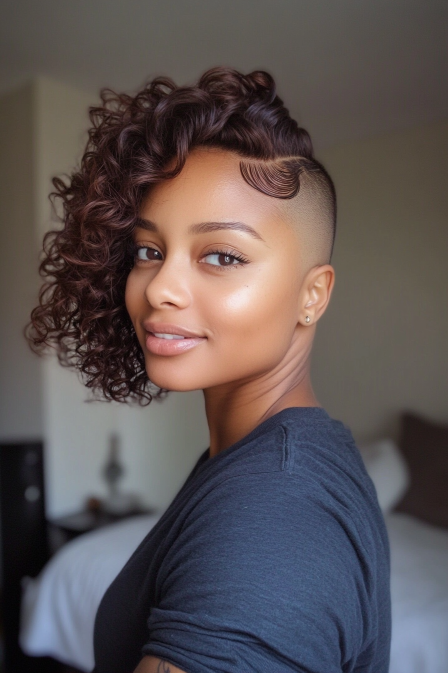 20. Shaved Sides with Curly Top in Mocha Brown (Short Hairstyles For Black Women) - Short Hairstyles For Black Women
