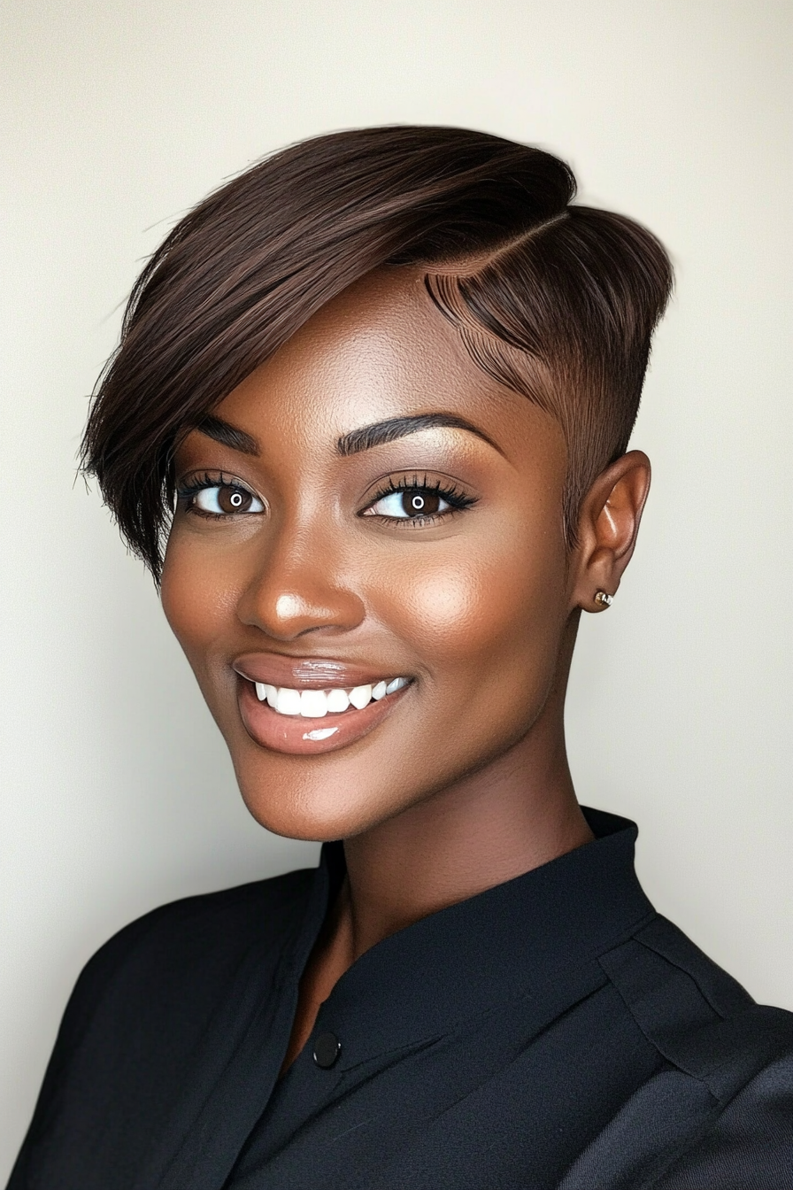 25. Sleek Side-Swept Crop in Cool Brown (Short Hairstyles For Black Women) - Short Hairstyles For Black Women