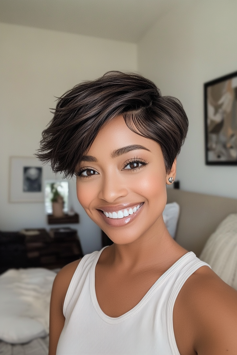 27. Feathered Pixie in Soft Umber (Short Hairstyles For Black Women) - Short Hairstyles For Black Women