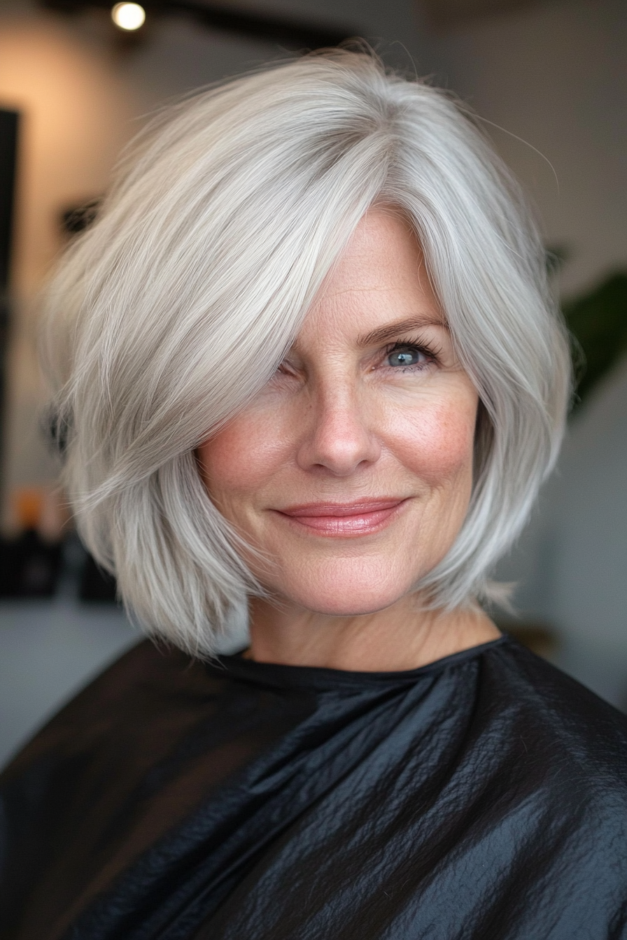 3. Feathered Bob in Silver Blonde (Bob Haircuts For Women Over 60) - Bob Haircuts For Women Over 60