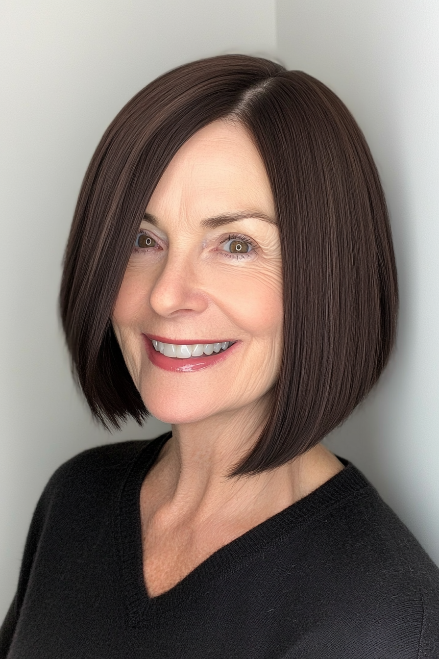6. Angled Bob in Dark Chocolate Brown (Bob Haircuts For Women Over 60) - Bob Haircuts For Women Over 60