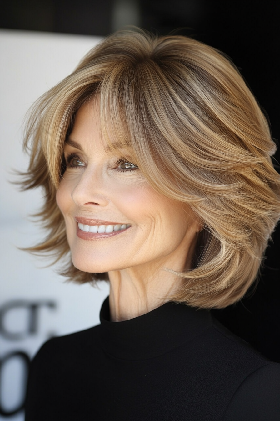 11. Wispy Layered Bob in Light Caramel Brown (Bob Haircuts For Women Over 60) - Bob Haircuts For Women Over 60