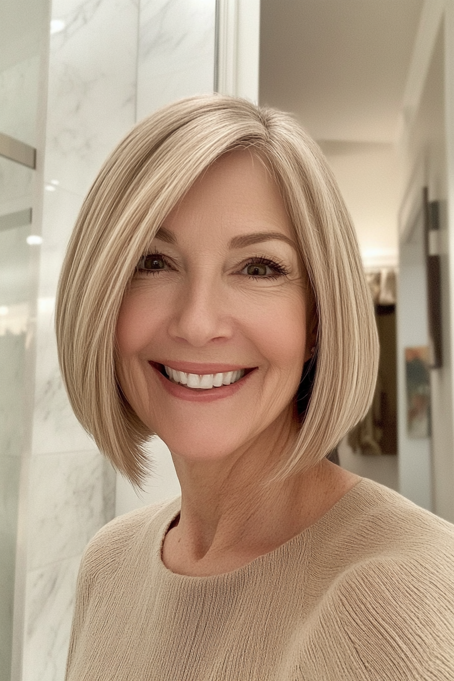 20. Neck-Length Bob in Warm Beige Blonde (Bob Haircuts For Women Over 60) - Bob Haircuts For Women Over 60