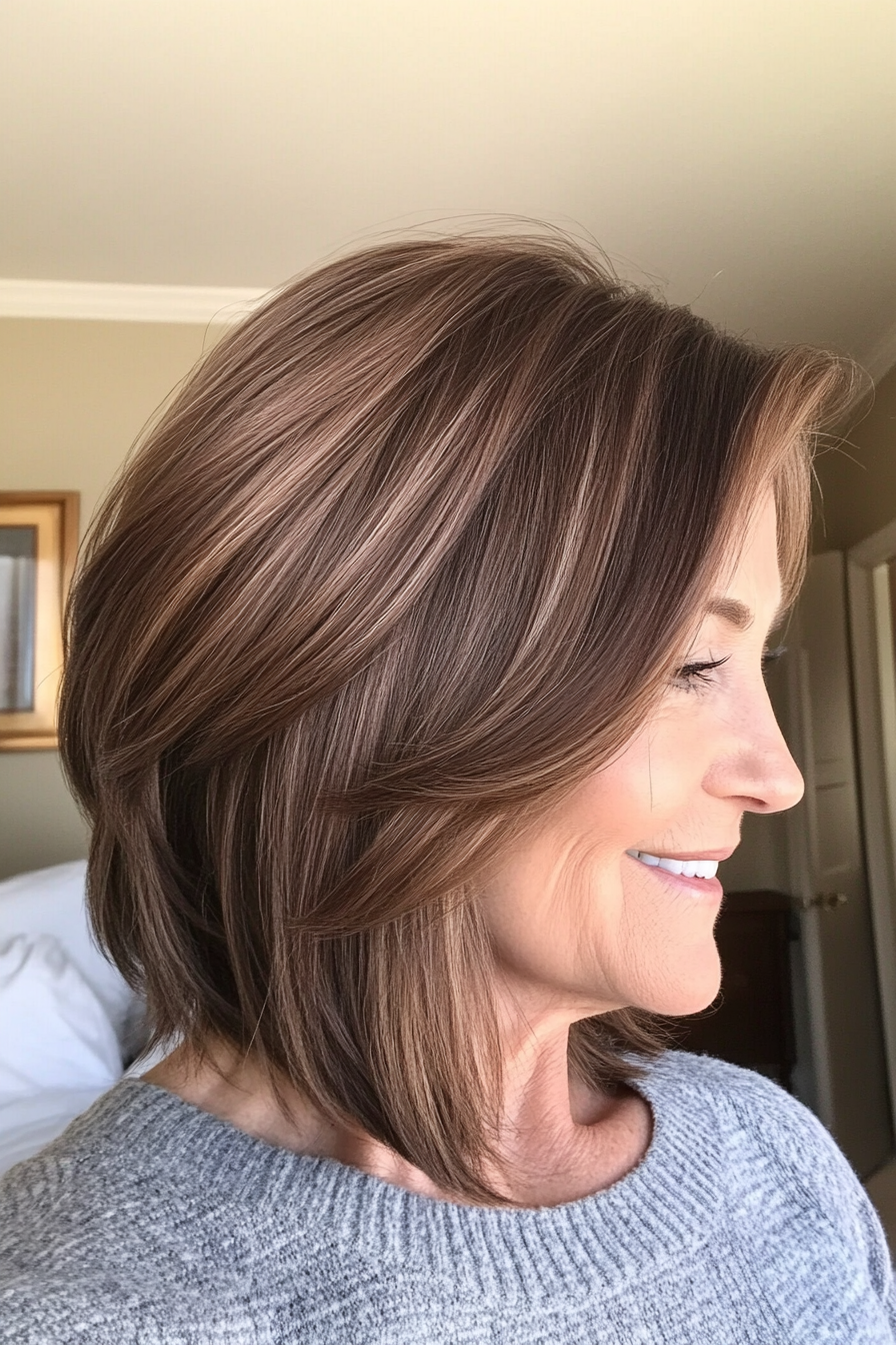 22. Swoopy Layered Bob in Medium Ash Brown (Bob Haircuts For Women Over 60) - Bob Haircuts For Women Over 60