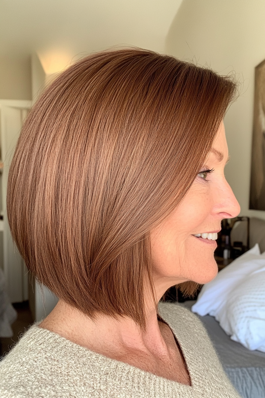 25. Asymmetrical Bob in Light Chestnut Brown (Bob Haircuts For Women Over 60) - Bob Haircuts For Women Over 60