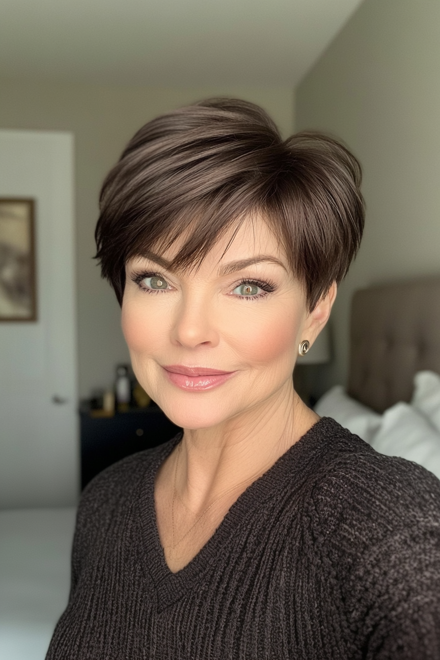 4. Side-Swept Pixie in Deep Espresso (Short Hairstyles For Older Women) - Short Hairstyles For Older Women