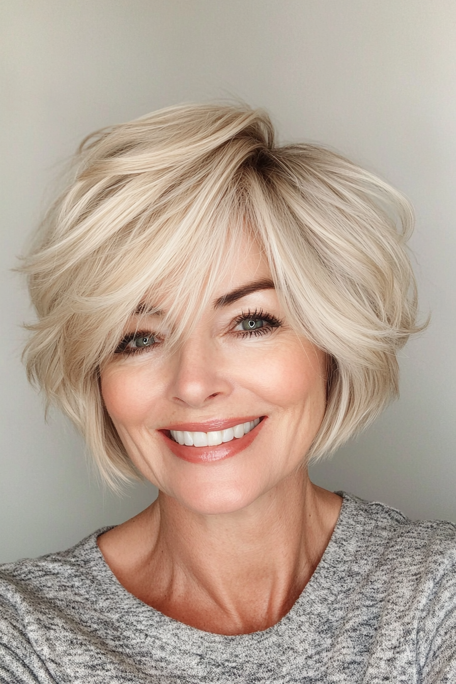8. Wispy Layered Bob in Sandy Blonde (Short Hairstyles For Older Women) - Short Hairstyles For Older Women