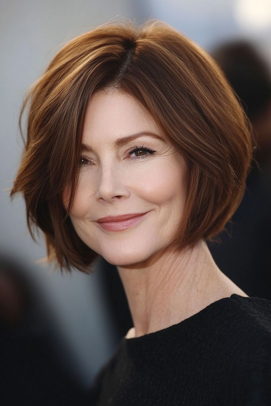 12. Jaw-Length Bob in Chestnut Brown with Subtle Highlights (Short Hairstyles For Older Women) - Short Hairstyles For Older Women