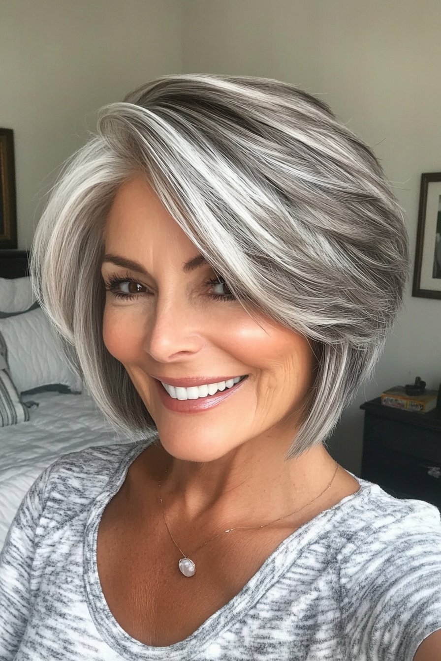 13. Layered Crop in Natural Gray with White Accents (Short Hairstyles For Older Women) - Short Hairstyles For Older Women