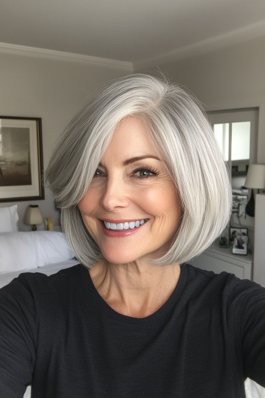 19. Classic French Bob in Pearl Gray (Short Hairstyles For Older Women) - Short Hairstyles For Older Women