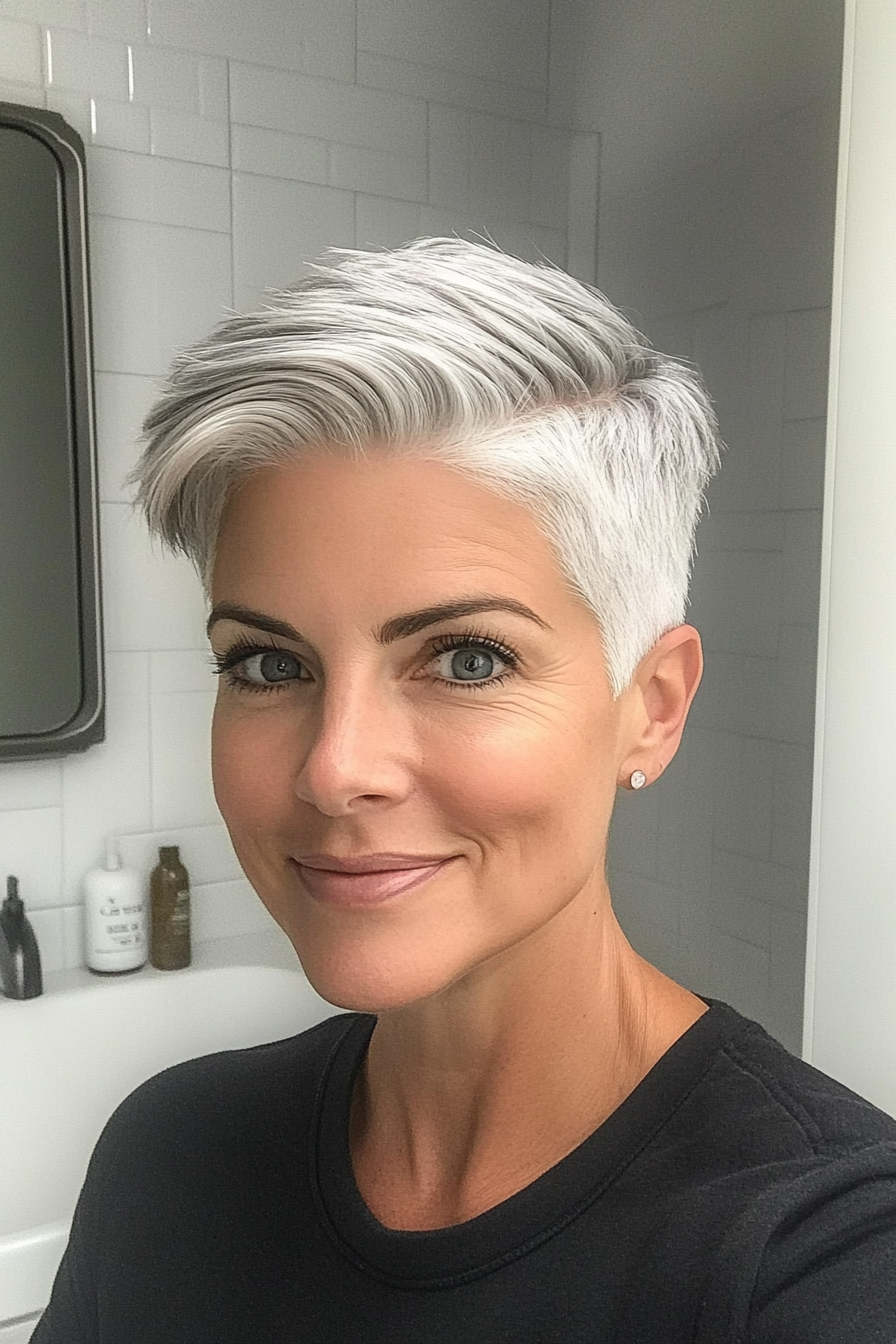 22. Undercut Pixie in Silver Gray (Short Hairstyles For Older Women) - Short Hairstyles For Older Women