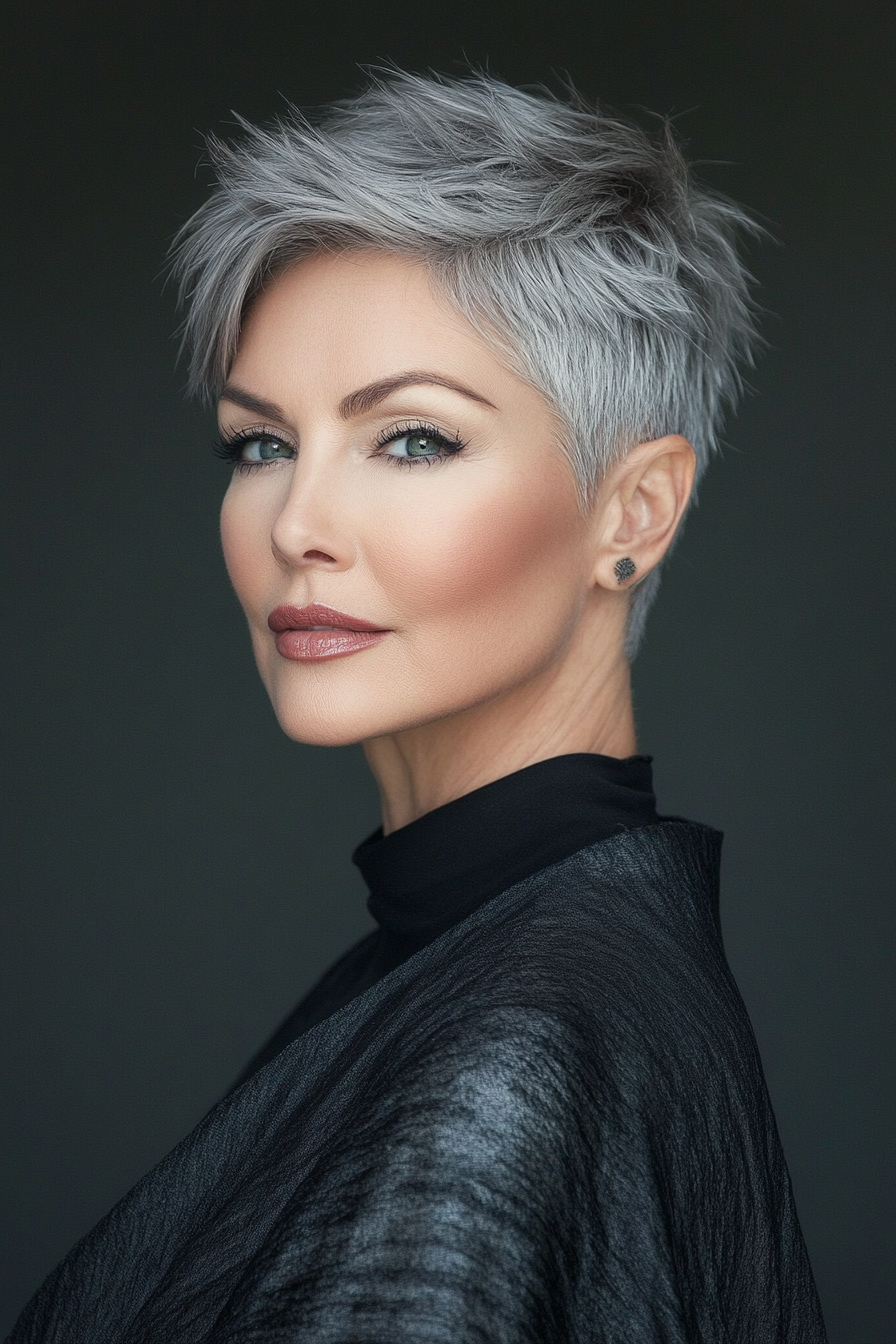 27. Edgy Asymmetrical Pixie in Charcoal Gray (Short Hairstyles For Older Women) - Short Hairstyles For Older Women