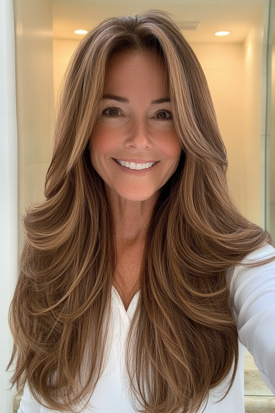 13. Face-Framing Long Layers with Soft Caramel Brown (Haircuts For Women Over 40) - Haircuts For Women Over 40
