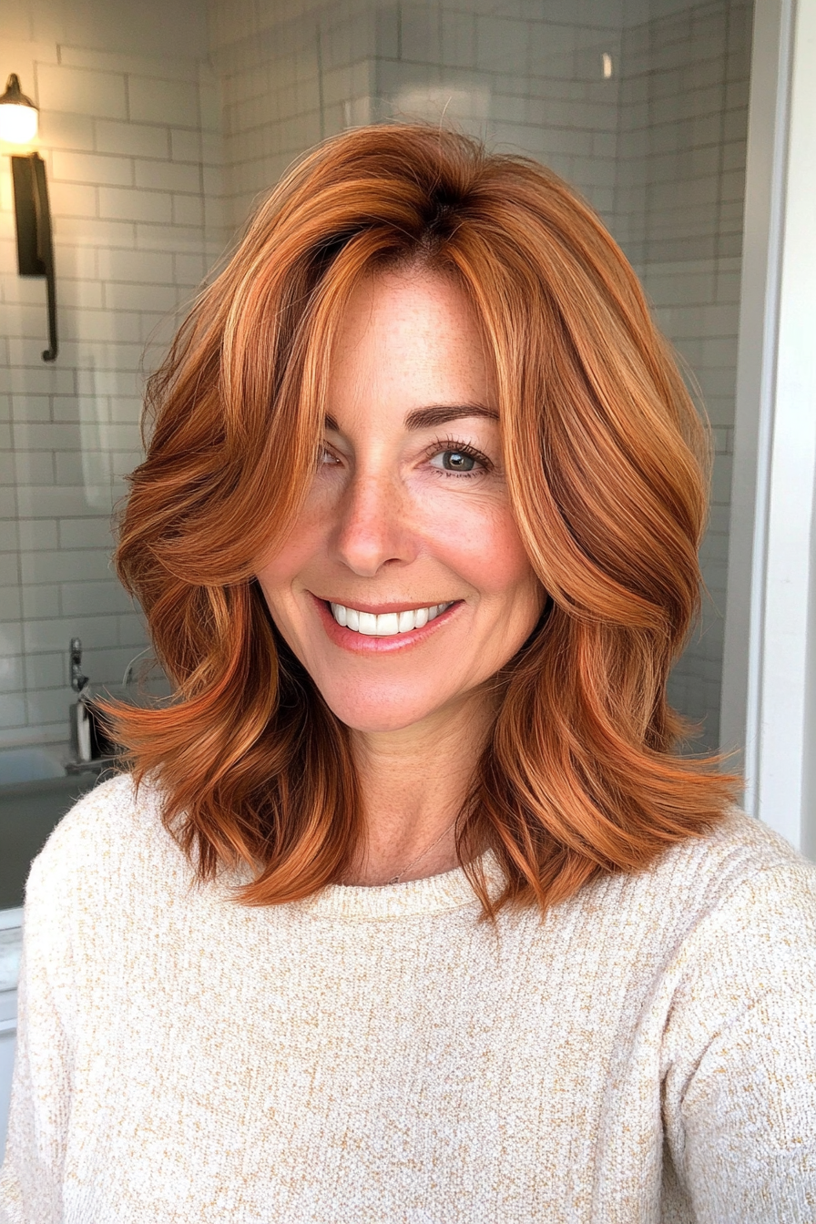 16. Layered Shoulder-Length Cut with Copper Highlights (Haircuts For Women Over 40) - Haircuts For Women Over 40