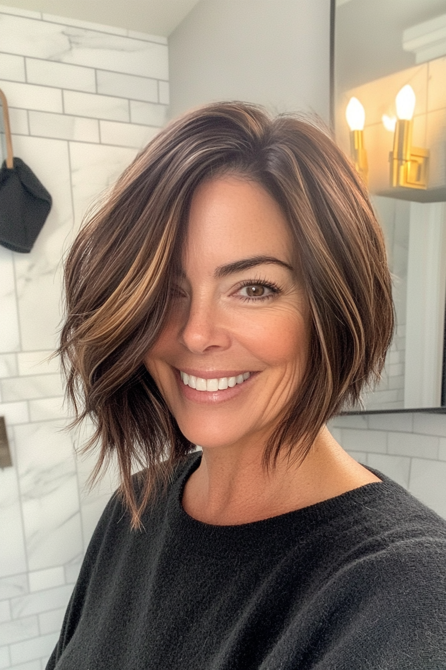 17. Choppy Lob with Warm Brunette (Haircuts For Women Over 40) - Haircuts For Women Over 40