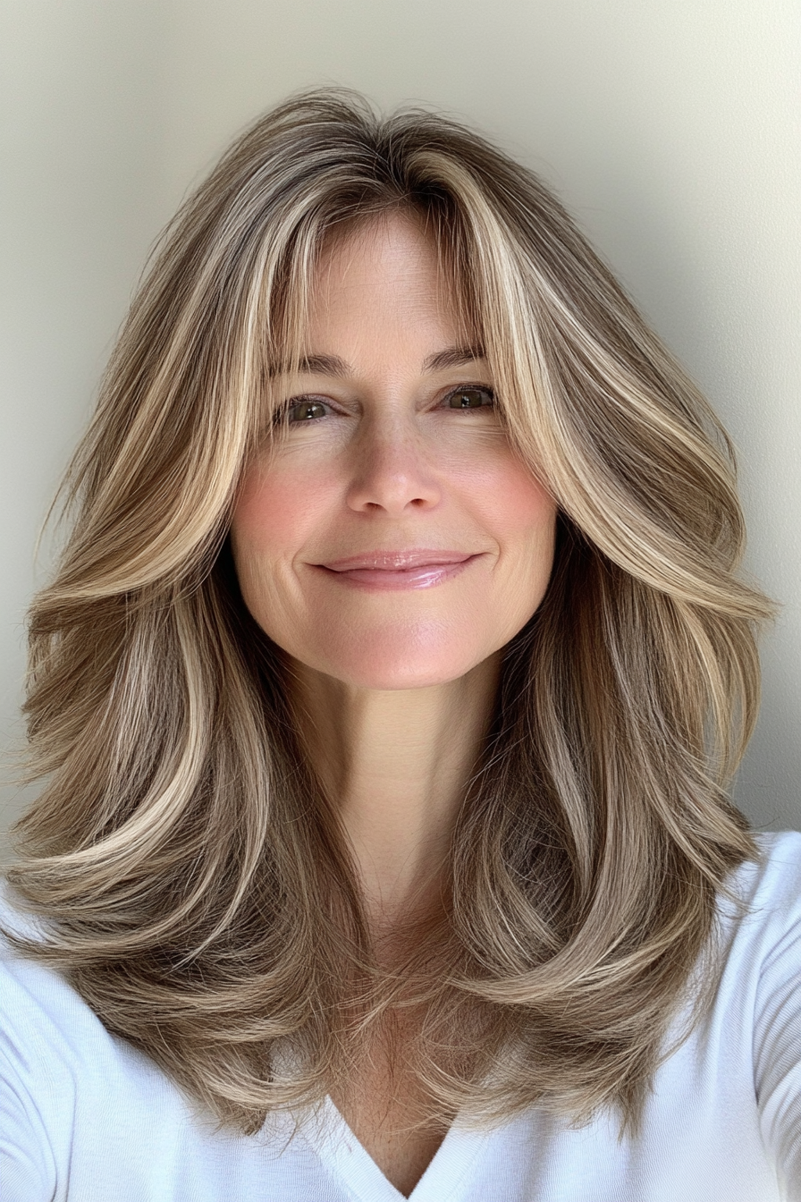 21. Mid-Length Feathered Layers with Light Hazel Brown (Haircuts For Women Over 40) - Haircuts For Women Over 40