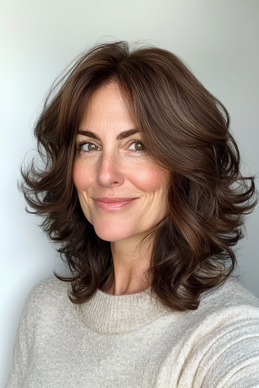 23. Curled Ends Shoulder-Length Cut with Soft Maple Brown (Haircuts For Women Over 40) - Haircuts For Women Over 40