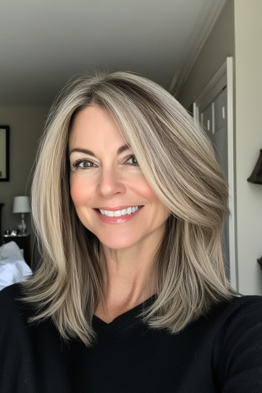 27. Side-Parted Medium Cut with Ash Blonde Highlights (Haircuts For Women Over 40) - Haircuts For Women Over 40