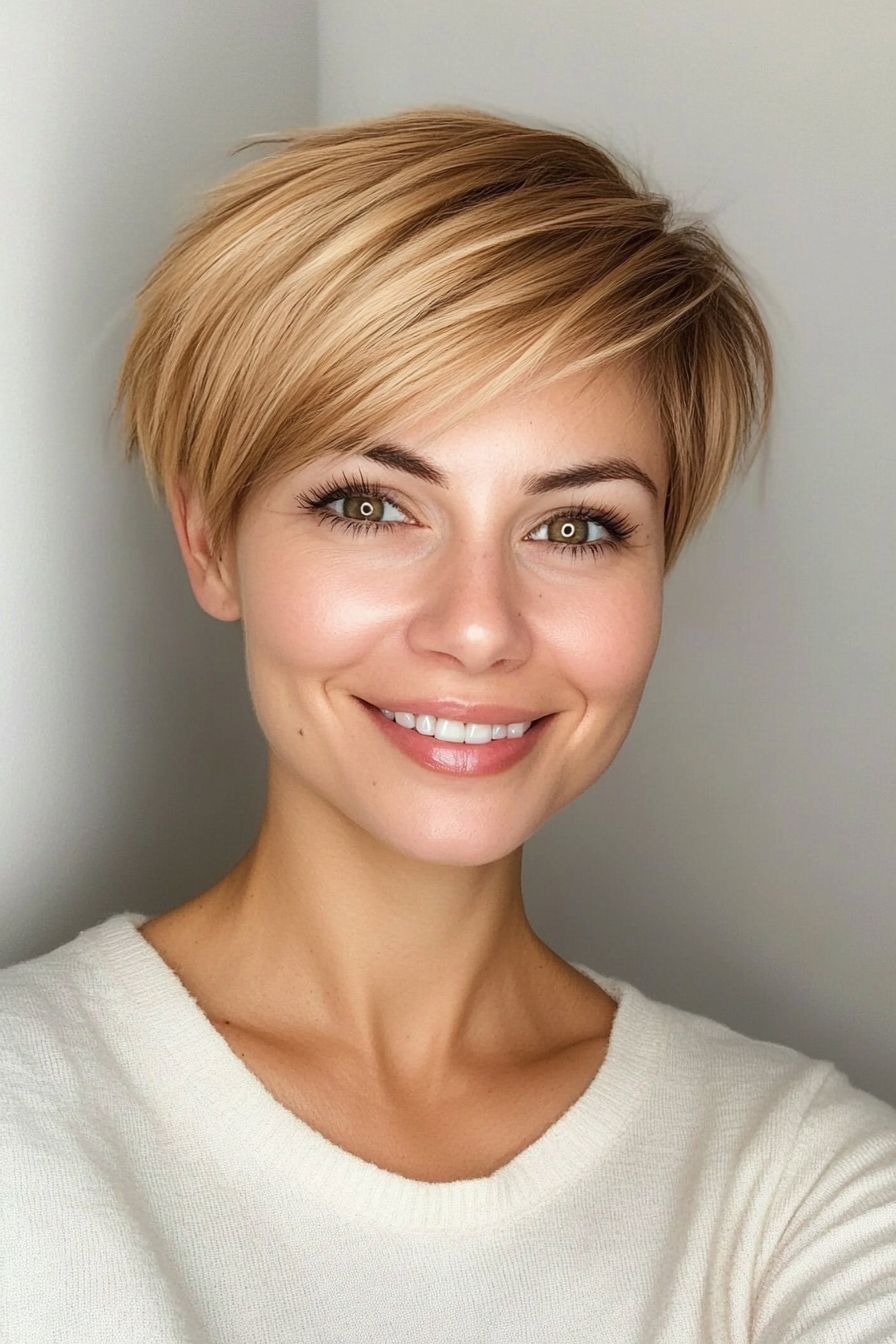 5. Side-Swept Pixie in Honey Blonde (Pixie Hairstyles For Thin Hair) - Pixie Hairstyles For Thin Hair