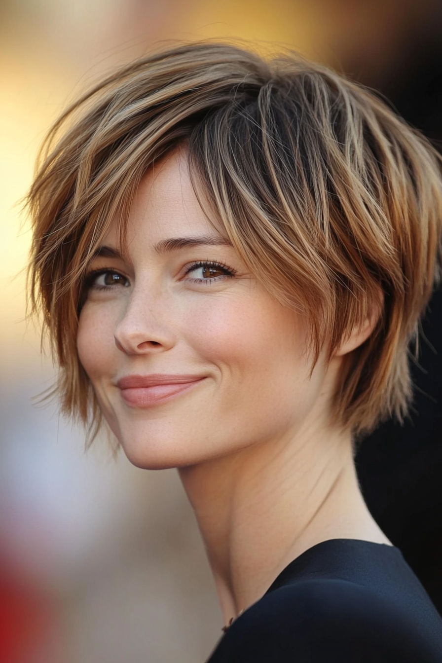 9. Layered Fringe Pixie in Light Brown (Pixie Hairstyles For Thin Hair) - Pixie Hairstyles For Thin Hair