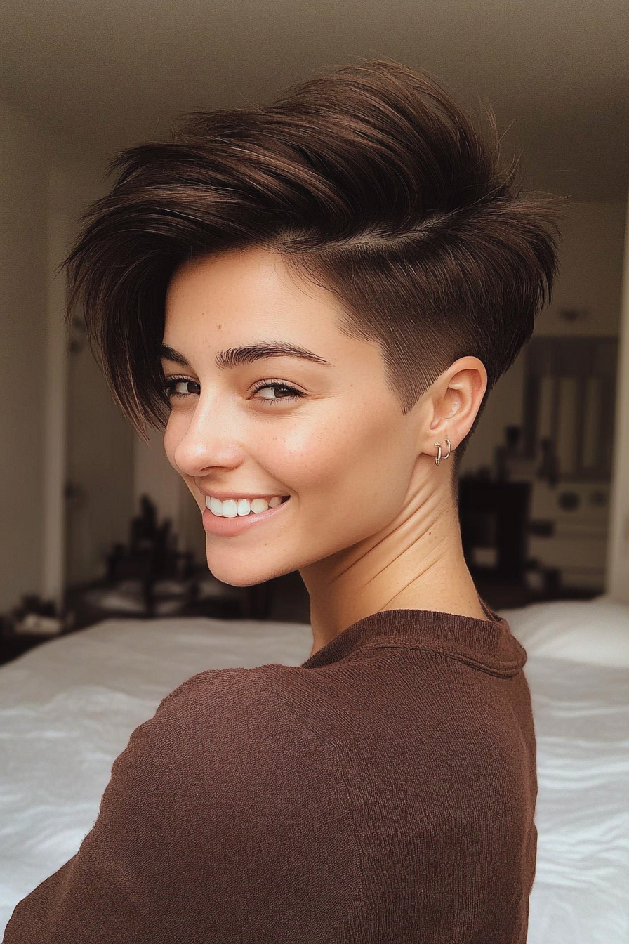 16. Edgy Undercut Pixie in Dark Chocolate Brown (Pixie Hairstyles For Thin Hair) - Pixie Hairstyles For Thin Hair