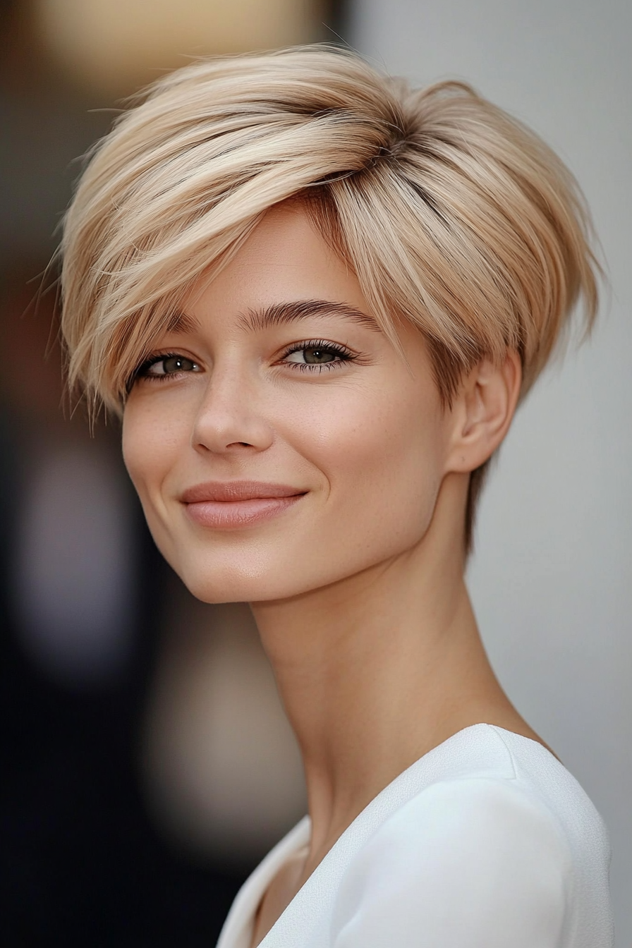 18. Feathered Pixie Cut in Champagne Blonde (Pixie Hairstyles For Thin Hair) - Pixie Hairstyles For Thin Hair