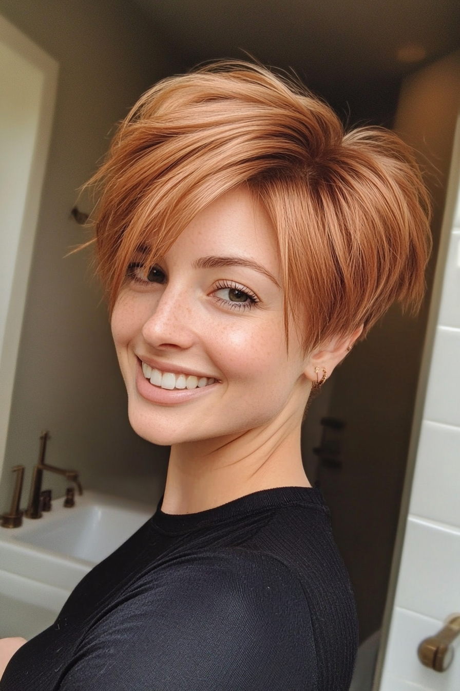 21. Sculpted Pixie in Soft Copper Brown (Pixie Hairstyles For Thin Hair) - Pixie Hairstyles For Thin Hair