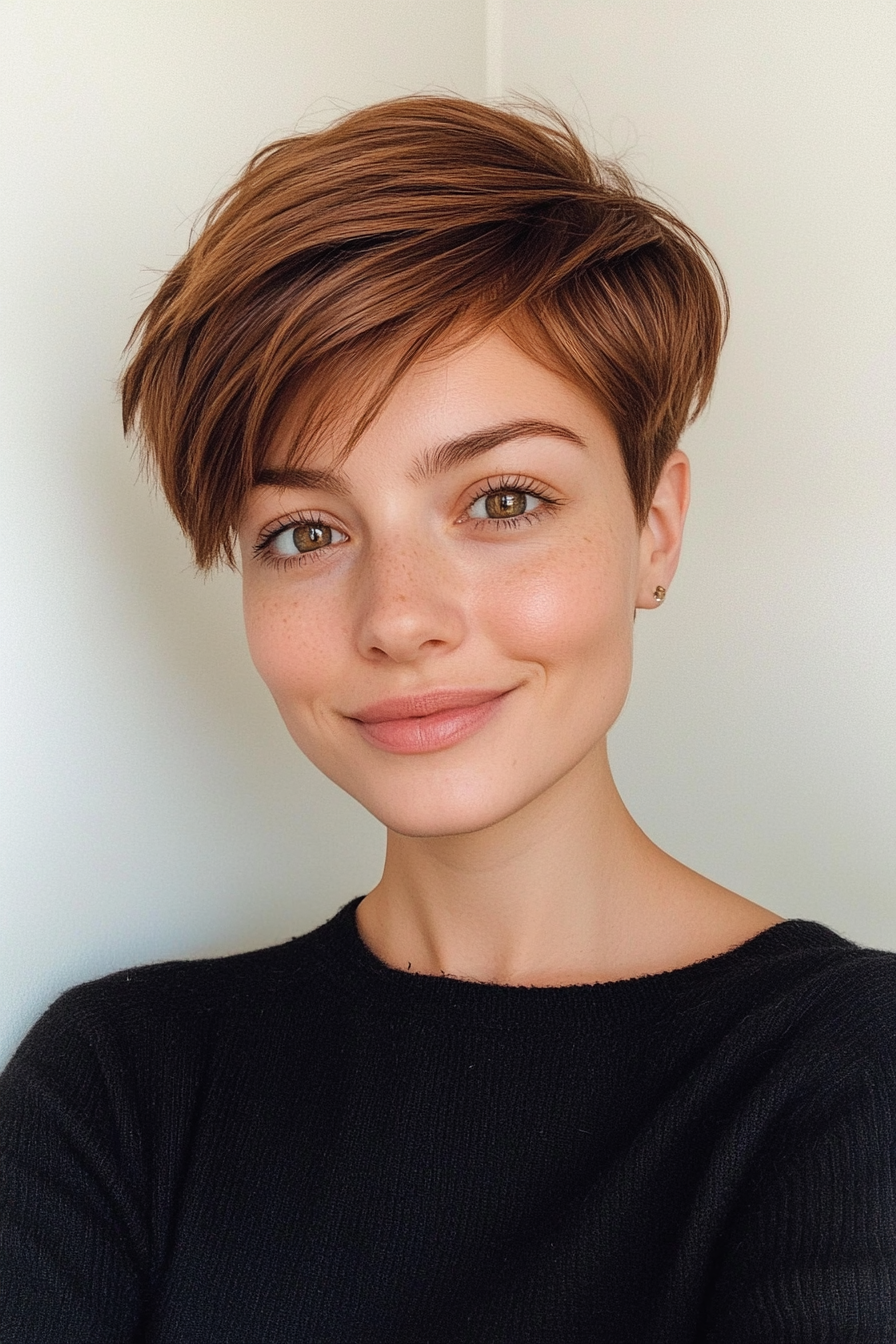 22. Short Cropped Pixie in Dark Chestnut (Pixie Hairstyles For Thin Hair) - Pixie Hairstyles For Thin Hair