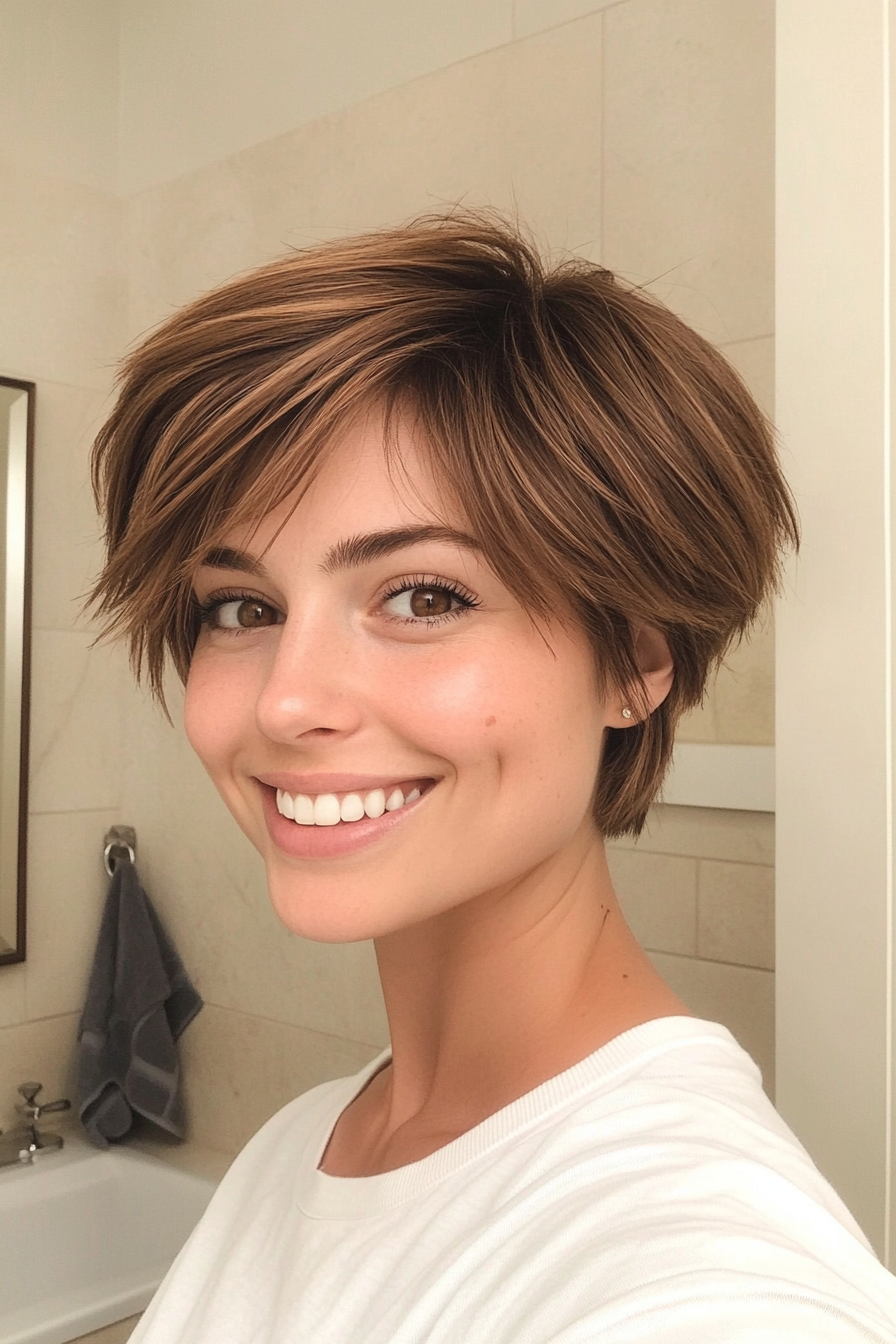 23. Layered Bangs Pixie in Warm Toffee Brown (Pixie Hairstyles For Thin Hair) - Pixie Hairstyles For Thin Hair