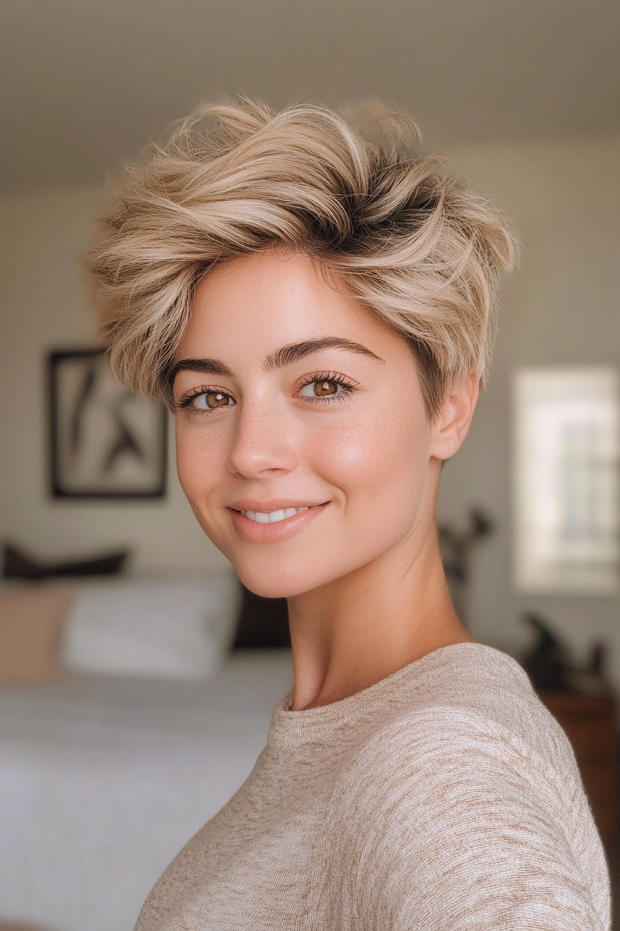 24. Fluffy Pixie with Natural Beige Blonde (Pixie Hairstyles For Thin Hair) - Pixie Hairstyles For Thin Hair