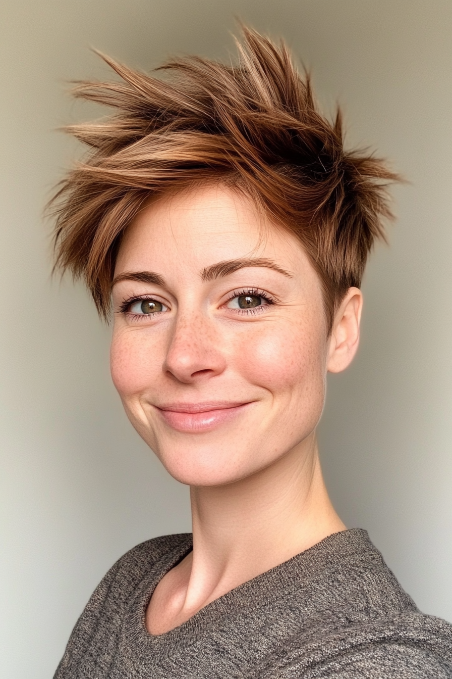 27. Soft Spiky Pixie in Deep Amber Brown (Pixie Hairstyles For Thin Hair) - Pixie Hairstyles For Thin Hair