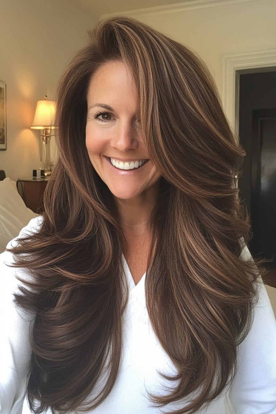 1. Classic Layered Brunette Waves (Long Hairstyles For Older Women) - Long Hairstyles For Older Women