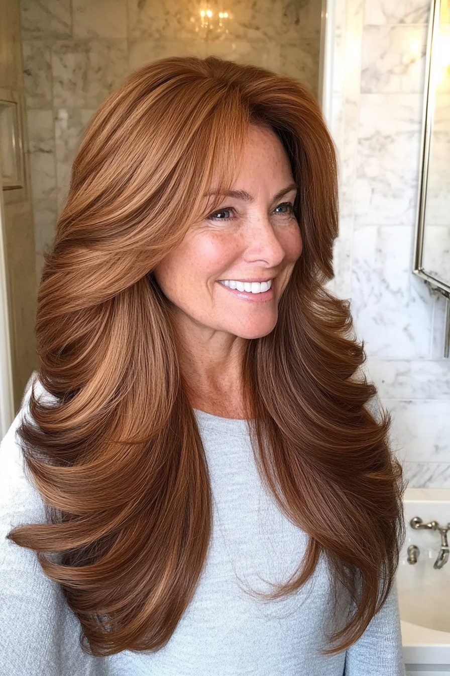 2. Feathered Chestnut Elegance (Long Hairstyles For Older Women) - Long Hairstyles For Older Women