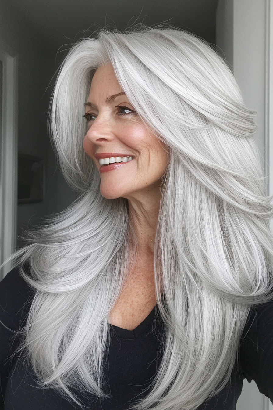 3. Silky Silver Waterfall Layers (Long Hairstyles For Older Women) - Long Hairstyles For Older Women