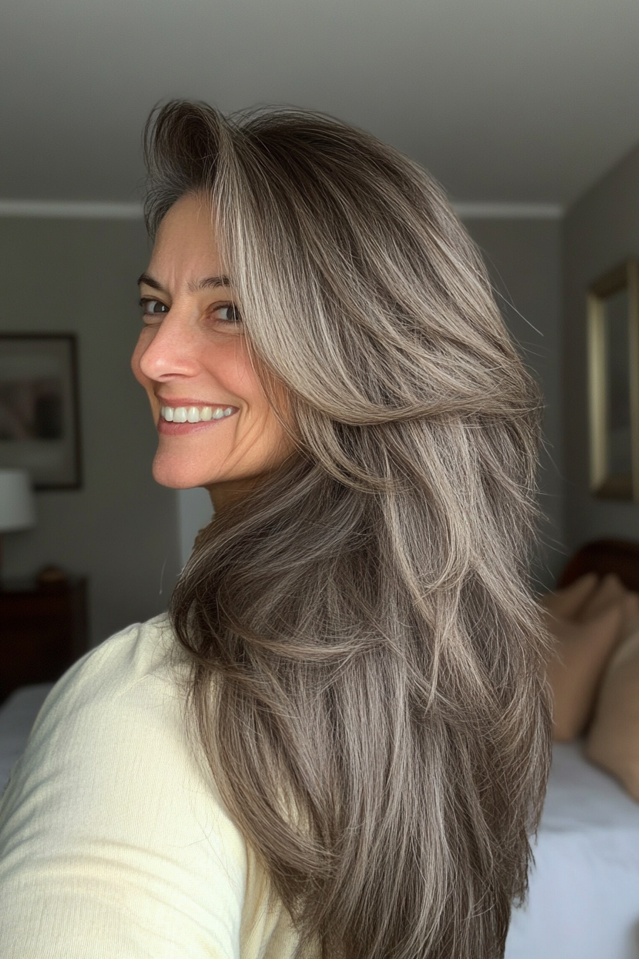 5. Ash Brown Wispy Layers (Long Hairstyles For Older Women) - Long Hairstyles For Older Women